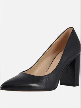 Franco Sarto Black Leather L Palma Pumps Block Heel Pointed Toe Classic Chic